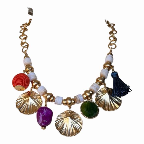 Chico’s NWT Bohemian Statement Necklace Gold Tone Chains Colorful Multi Charm - Picture 2 of 10